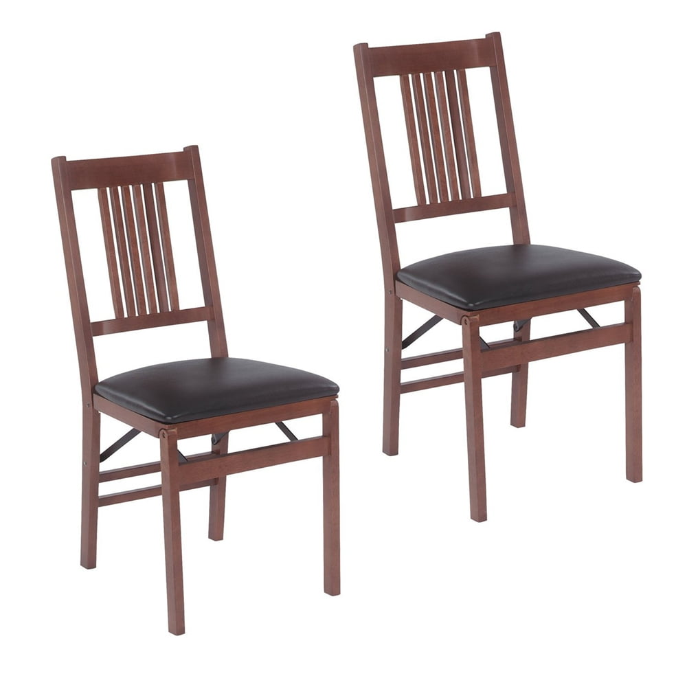 Fruitwood Folding Side Chair with Black Vinyl Upholstered Seat, Set of 2