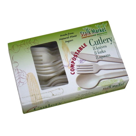 StalkMarket Compostable Assorted Cutlery, Pearlescent White, 24 Utensils per Box, Case of 24 Boxes