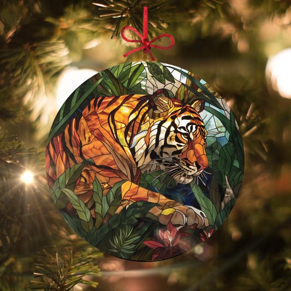 Stalking Tiger Stained Glass Style Christmas 2D FLAT CIRCLE Ceramic Ornament