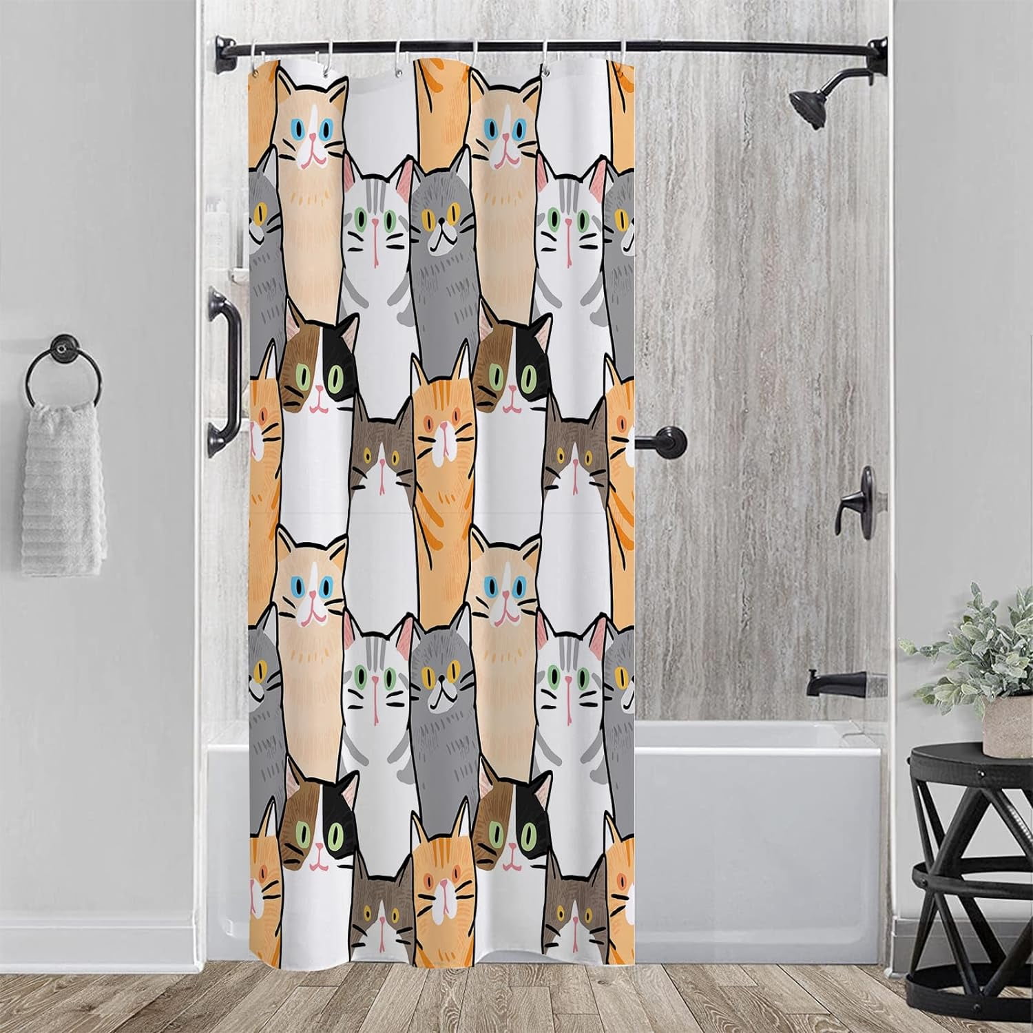 Stall 36"x72" Cute Cat Shower Curtain Set with Hooks,Grey Orange Kitten Bathroom Curtain Kids Fabric Waterproof Bath Curtain Machine Washable