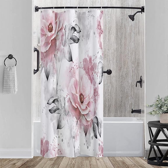 Stall 36"x72" Pink Flowers and Grey Leaves Shower Curtain Set with Hooks,Watercolor Rose Floral Bathroom Curtain,Modern Minimalist Waterproof Bath Curtains for Bathroom Decor