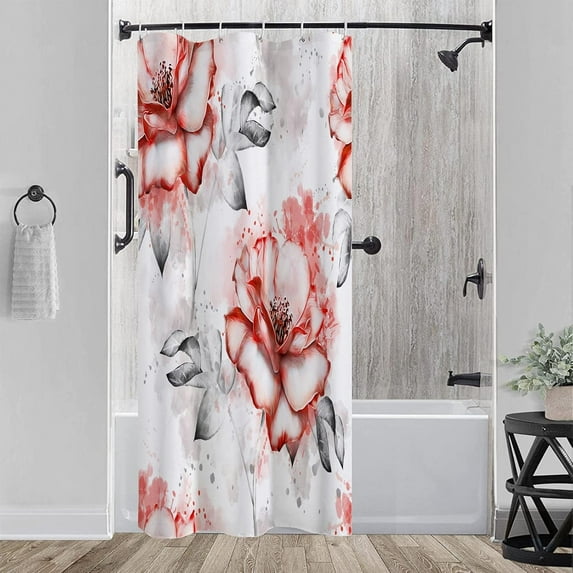 Stall 36"x72" Red Flowers and Grey Leaves Shower Curtain Set with Hooks,Watercolor Rose Floral Bathroom Curtain,Modern Minimalist Waterproof Bath Curtains for Bathroom Decor
