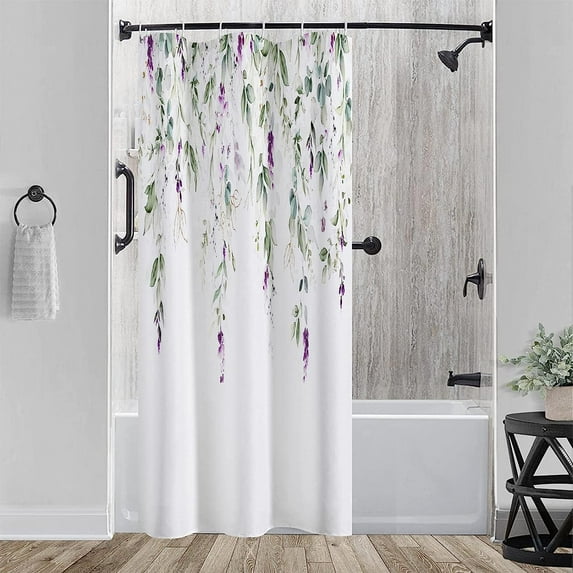 Stall 36"x72" Watercolor Leaves Flowers Shower Curtain Set with Hooks,Green and Purple with Floral Bathroom Curtain,Modern Minimalist Waterproof Bath Curtains for Bathroom Decor