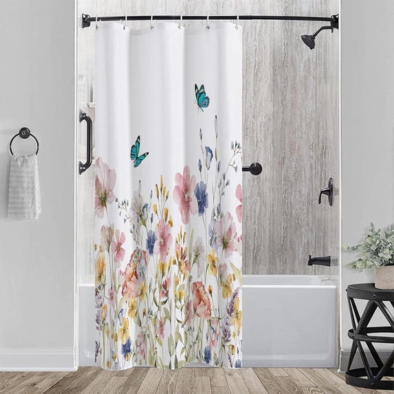 Stall 36"x72" Watercolor Pink Botanical Flowers Shower Curtain Set with Hooks, Butterfly Bathroom Curtain Modern Minimalist Waterproof Bath Curtain Machine Washable