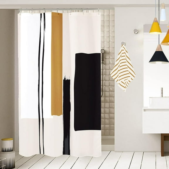 Stall Abstract Geometric Bathroom Shower Curtain 36W by 71H Inch Small Half Neutral Black Painting Minimalist Modern Tan Polyester Fabric 7 Plastic Hooks Decor