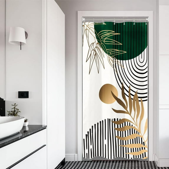 Stall Abstract Leaves Shower Curtain Set 36Wx71H Inches Half Small Emerald Green Modern Tropical Mid Century Simple Minimalist Chic Boho Polyester Bathroom Curtain with 7 Hooks