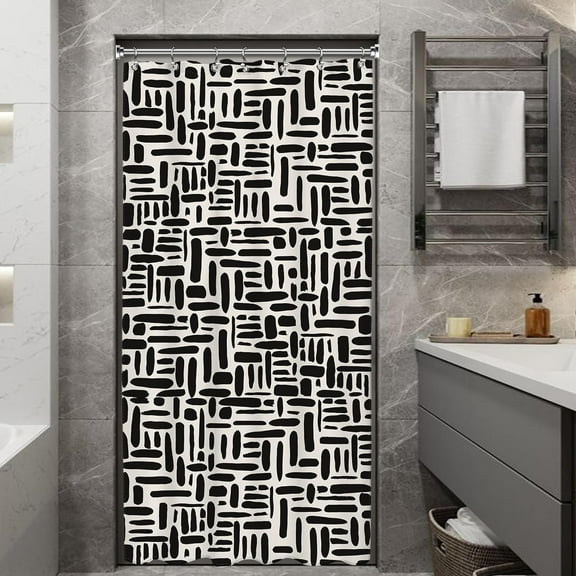 Stall Abstract Minimalist Bathroom Shower Curtain 36W by 71H Inch Half Geometric Modern Black Off White Neutral Small Contemporary Brushstroke Polyester 12 Plastic Hooks Waterproof Decor