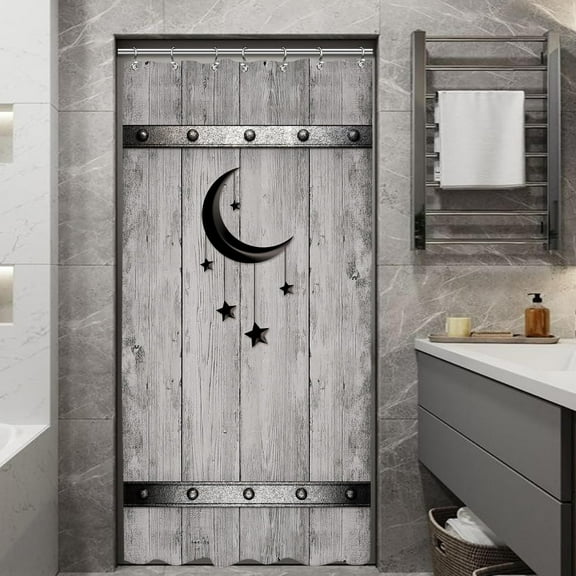 Stall Barn Door Bathroom Shower Curtain 36W by 72H Inch Wooden Wood Half Small Rustic Farmhouse Camper RV Polyester Fabric 12 Plastic Hooks Waterproof Decor