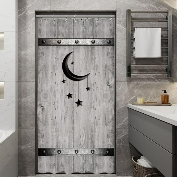 Stall Barn Door Bathroom Shower Curtain 36W by 72H Inch Wooden Wood Half Small Rustic Farmhouse Camper RV Polyester Fabric 12 Plastic Hooks Waterproof Decor