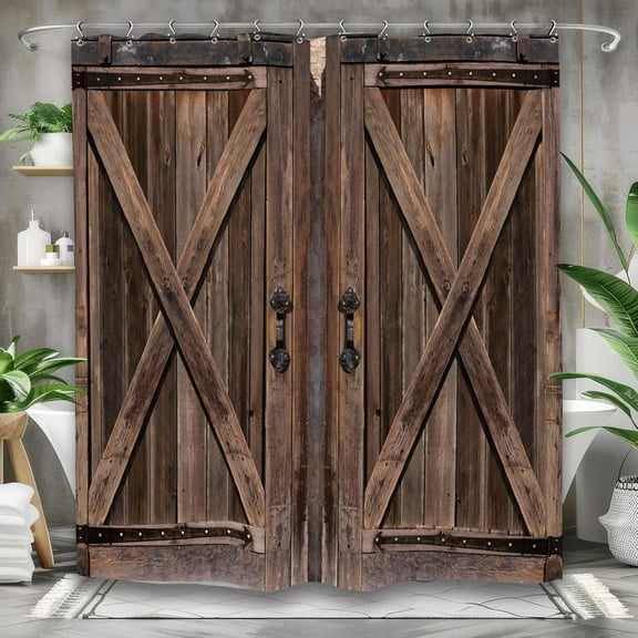 Stall Barn Door Bathroom Shower Curtain 36W by 72H Inch Wooden Wood Half Small Rustic Farmhouse Camper RV Polyester Fabric 12 Plastic Hooks Waterproof Decor