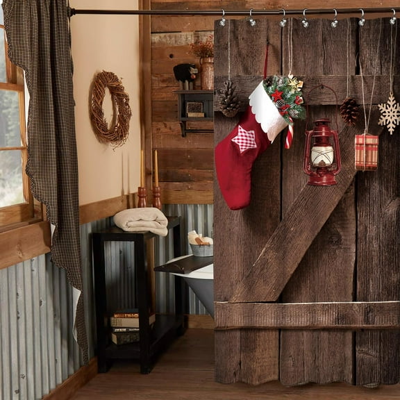 Stall Barn Door Bathroom Shower Curtain 36W by 72H Inch Wooden Wood Half Small Rustic Farmhouse Camper RV Polyester Fabric 12 Plastic Hooks Waterproof Decor