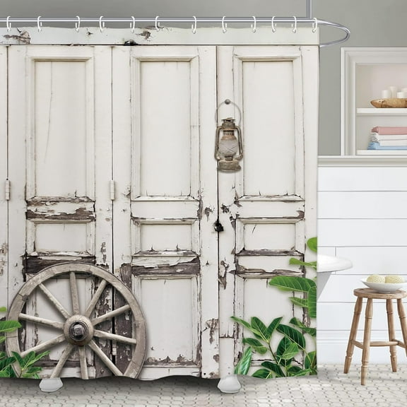 Stall Barn Door Bathroom Shower Curtain 36W by 72H Inch Wooden Wood Half Small Rustic Farmhouse Camper RV Polyester Fabric 12 Plastic Hooks Waterproof Decor