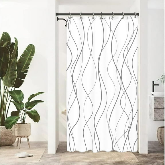 Stall Black Gray Bathroom Shower Curtain 36W by 71H Inch Half Wavy Line Minimalist Modern Contemporary Simple Narrow Small Polyester 7 Plastic Hooks Waterproof Decor