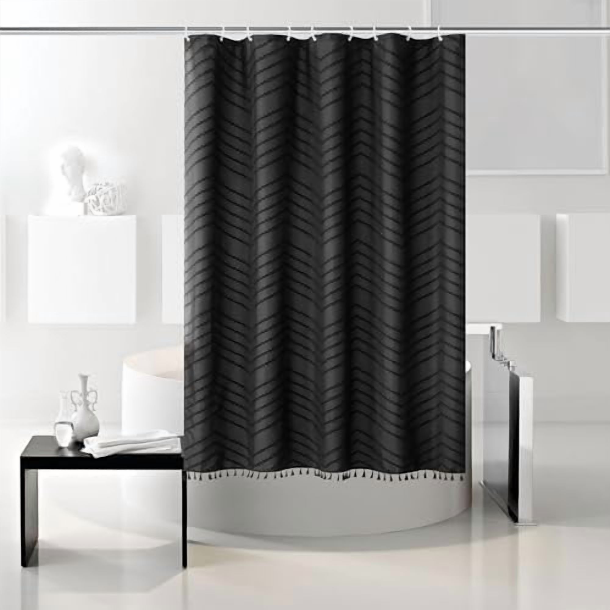 Stall Boho RV Black Tassel Woven Fabric Short Shower Curtain 48 x 64