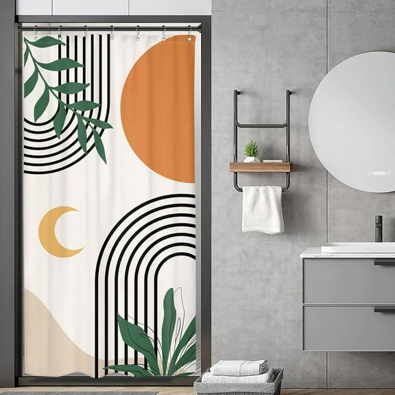 Stall Boho Small Half Size 36x72 Inch Shower Curtain,Camper Abstract Mid Century Modern Aesthetic Geometric RV Single Narrow Dorm Decor Bathroom Set Polyester Waterproof Fabric 7 Hooks