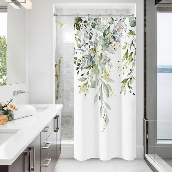 Stall Eucalyptus Leaves Shower Curtain, Sage Green Watercolor Plant Narrow Half Floral Shower Curtain 36 x 72, Waterproof Fabric Bathroom Shower Stall Shower Curtain Sets with Hooks.