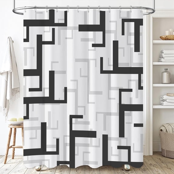 Stall Fabric Shower Curtain - 36x72 Inches Small Geometric Waterproof Cloth Shower Curtain Set with 6 Hooks, Narrow Modern Walk in Neutral Simple Shower Curtains for Bathroom - Black and White