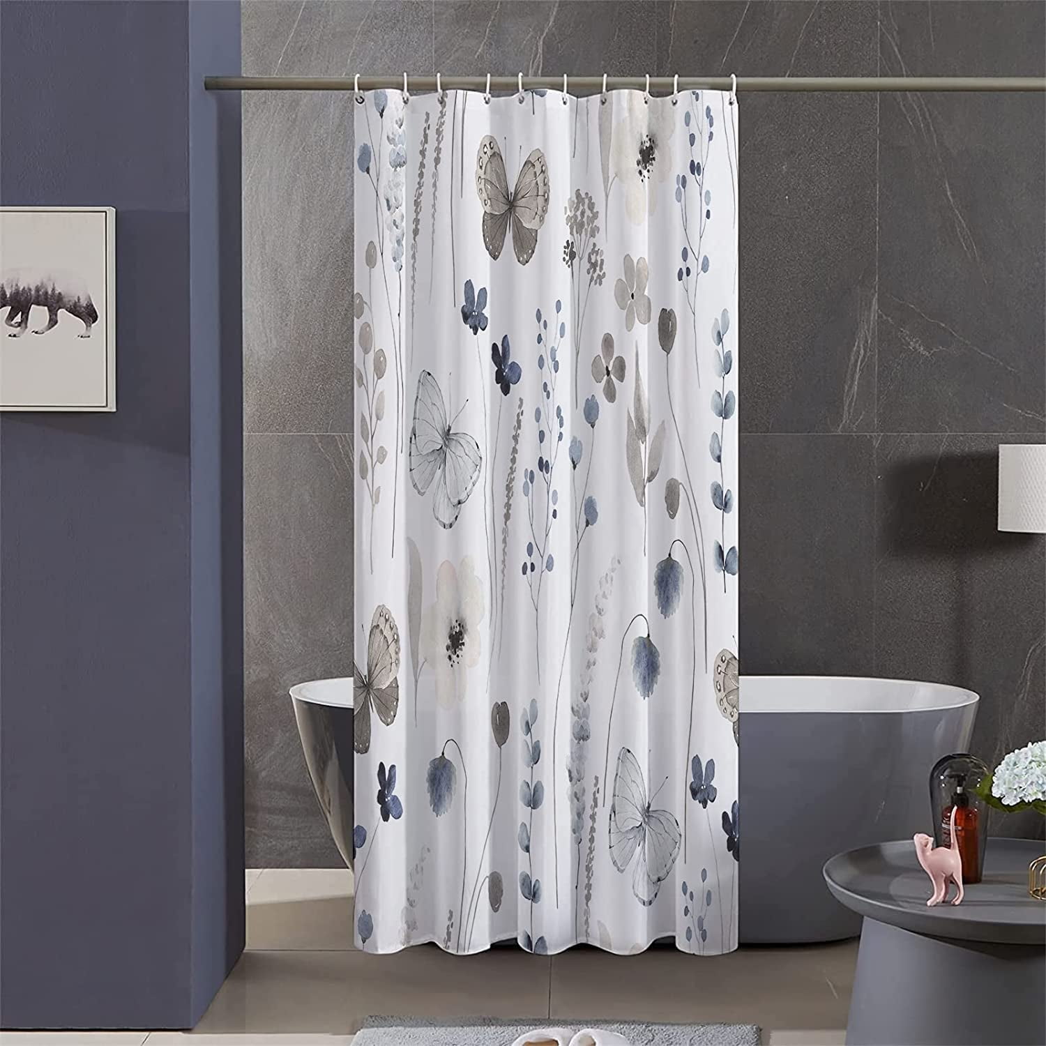 Stall Floral Shower Curtain Sets 36Wx72H Inch Narrow RV Grey and Ink Blue Flowers Fabric Shower Curtains Soft Waterproof Polyester Bathroom Curtains