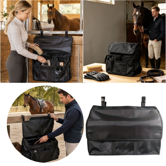 Stall Front Organizer Bag Black, Multi-Compartment Storage, Horse Grooming Supply Holder with Top Loading Design, Hanging Barn Organizer for Tack and Supplies
