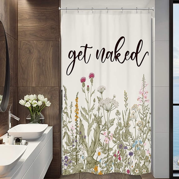 Stall Get Naked Wildflower Small Half Shower Curtain 36Wx72H Inch Farmhouse Flower Botanical Floral Herbs Decor Bathroom Windows Balconies Fabric Polyester Waterproof 7 Pack Plastic Hooks