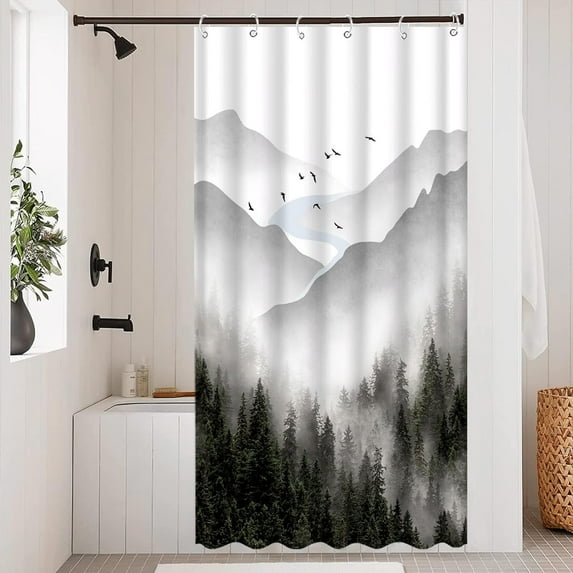 Stall Gray Misty Forest Shower Curtain Grey Nature Foggy Tree Mountain Shower Curtains for Bathroom Waterproof Fabric Woodland Decorative Modern Black Bath Curtain Decor (Dark1, 36" x 72")