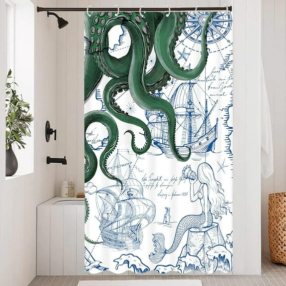 Stall Green Nautical Octopus Shower Curtain Navy Blue Mermaid Funny Ocean Kraken Shower Curtains for Bathroom Cool Anchor Coastal Map Waterproof Fabric Bath Curtain Decor 36 x 72