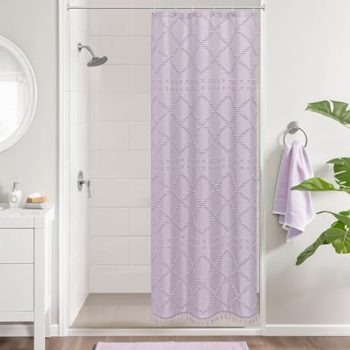 Stall Lavender Boho Woven Fabric Shower Curtain with Tassel 36 x 72, Bohemia Tufted Chevron Striped Chic Textured, Small Purple Modern Farmhouse Minimalist Curtains for Bathroom