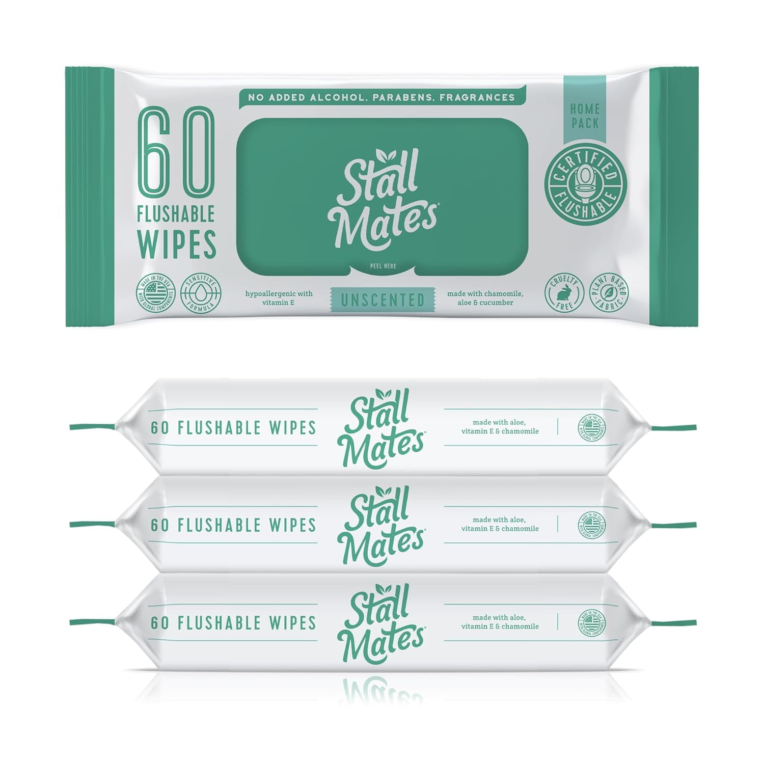 Stall Mates Home Pack. Extra Large, Flushable, Unscented, Hypoallergenic Wet Wipes 60 count, 4 pack