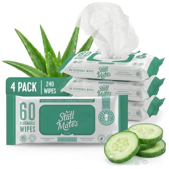 Stall Mates Home Pack. Extra Large, Flushable, Unscented, Hypoallergenic Wet Wipes 60 count, 4 pack