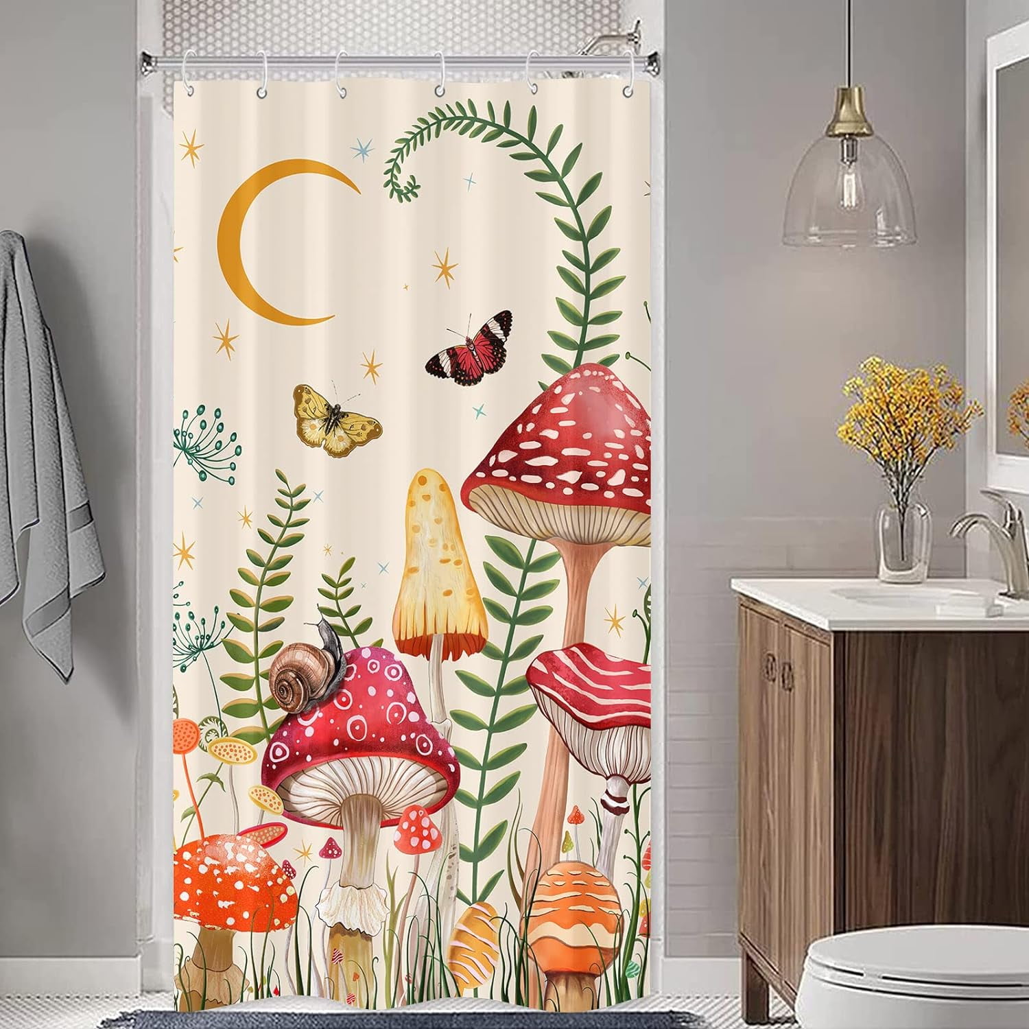 Stall Mushroom Shower Curtain Set Beige and Red Floral Butterfly ...