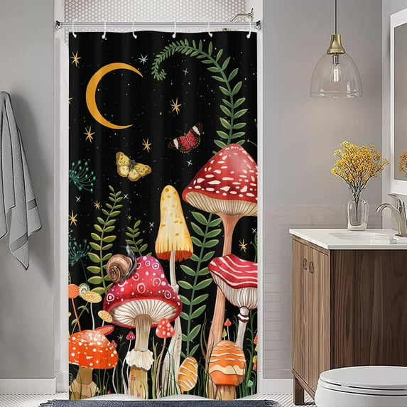 Stall Mushroom Shower Curtain Set Black and Red Floral Butterfly Waterproof Fabric Bathroom Shower Curtains Aesthetic Moon Flower Plant Bath Curtain Decor Without Hooks (36'''' × 72'''', Black)