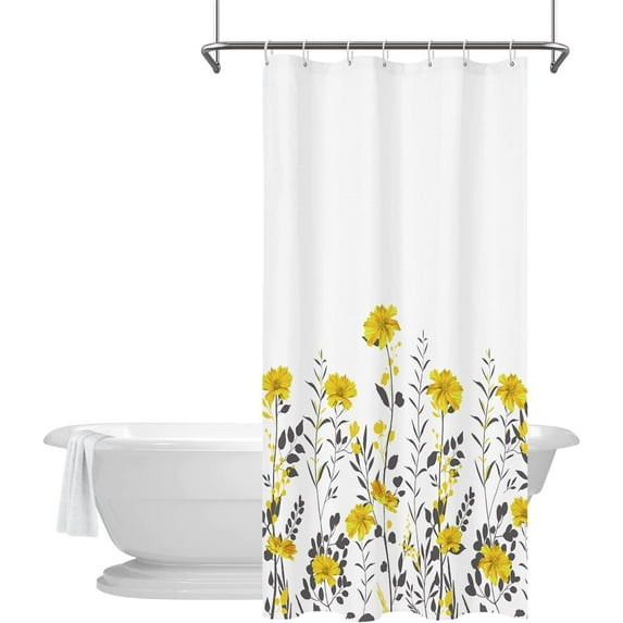 Stall Shower Curtain 36"W x 72"L Yellow Floral with Grey Leaves 36 Inch Stand Up Bathroom Curtains Boho Flowers White Background Polyester Fabric 7 Pack Plastic Hooks
