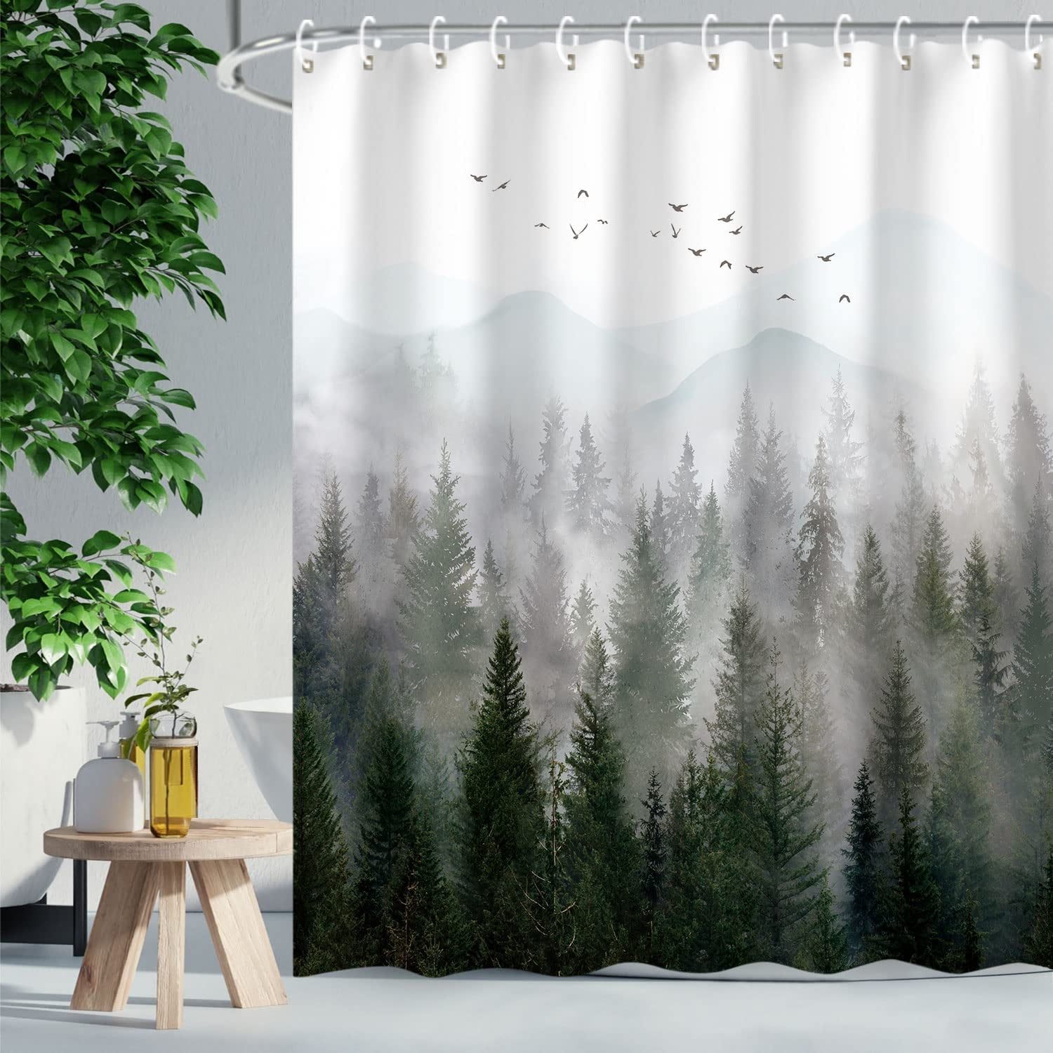 Stall Shower Curtain 36"x72" Inches Small Shower Curtain, Forest Mountain Shower Curtain Tree Shower Curtains for Bathroom, Nature Shower Curtain Hooks
