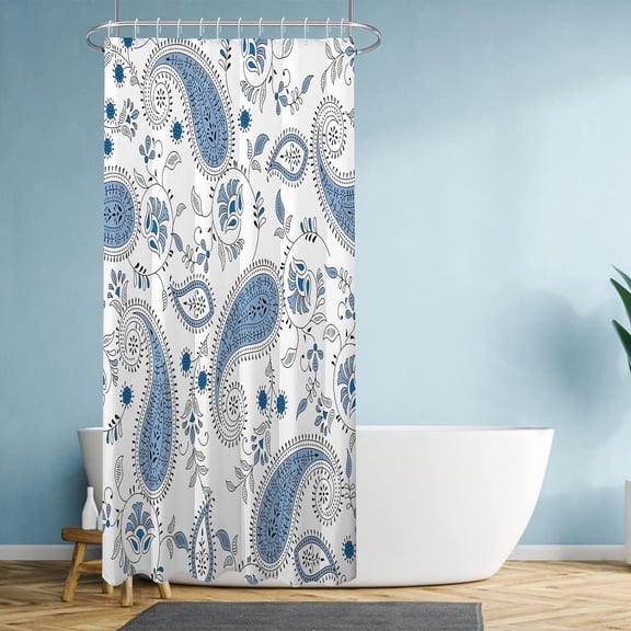 Stall Shower Curtain 36Wx72H, Blue Boho Floral Shower Curtain Set,Tribal Paisley Shower Curtain,Blue White Bohemian Flowers Shower Curtain for Bathroom Decor with Hooks
