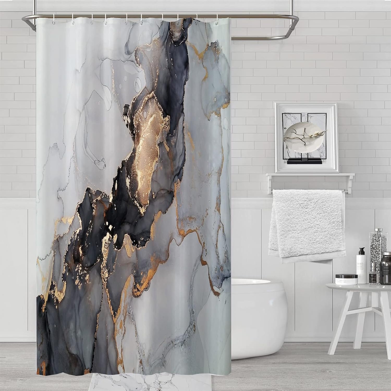 Stall Shower Curtain 36Wx72HInch,Black and Gold Marble Bathroom Shower ...