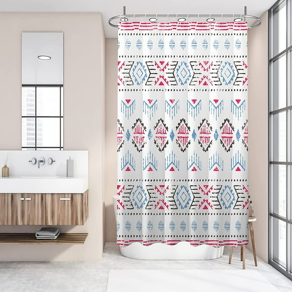 Stall Shower Curtain 36Wx72HInch Narrow Partition Fabric Water Resistant Shower Curtain, Black Red Boho Chic Geometric Shower Curtain Set Machine Washable for Home Bathtubs Decor