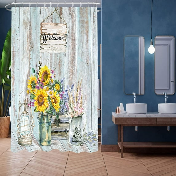 Stall Shower Curtain 36Wx72HInch Narrow Partition Fabric Water Resistant Shower Curtain, Farmhouse Sunflower Shower Curtain Set for Bathroom Trim with Hooks, Light Blue