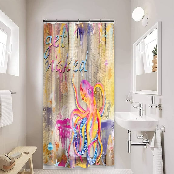 Stall Shower Curtain 36Wx72HInch Narrow Partition Fabric Water Resistant Shower Curtain, Street Hippie Octopus Shower Curtain Set for Bathroom with Hooks, Watercolor Graffiti Plank Art