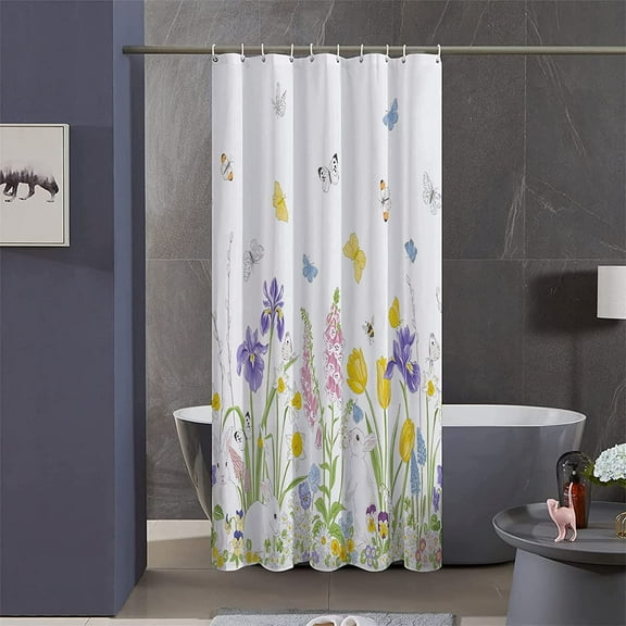 Stall Shower Curtain,36x72 inch RV Bathroom Shower Curtains Set with Hooks,Spring Floral Butterfly Bath Curtain,Waterproof Fabric (Purple Green White)