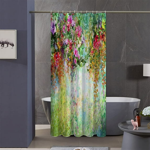 Stall Shower Curtain,36x72 inch RV Bathroom Shower Curtains Set with Hooks,Spring Floral Plants Bath Curtain,Waterproof Fabric(Green and red)