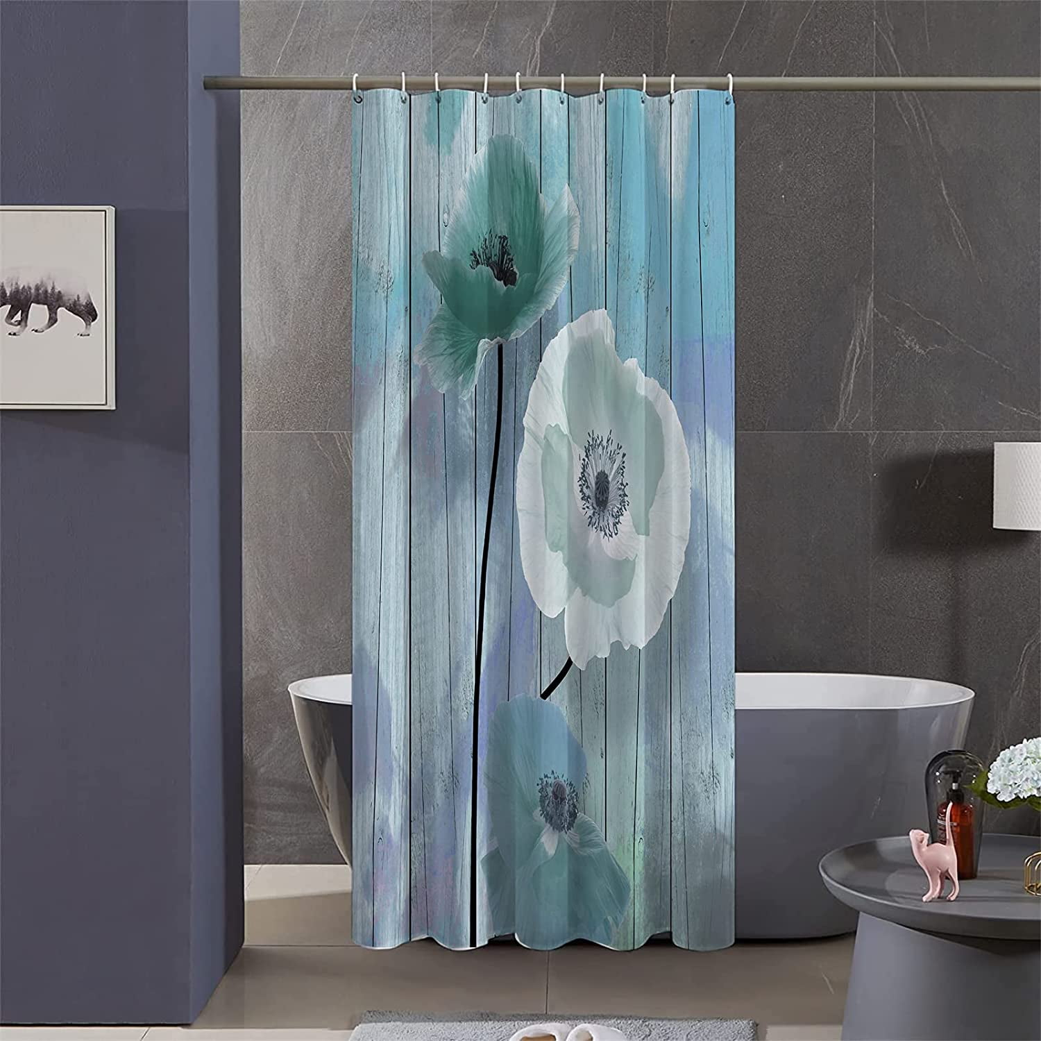 Stall Shower Curtain,36x72 inch RV Bathroom Shower Curtains Set with Hooks,Teal Rustic Floral ...