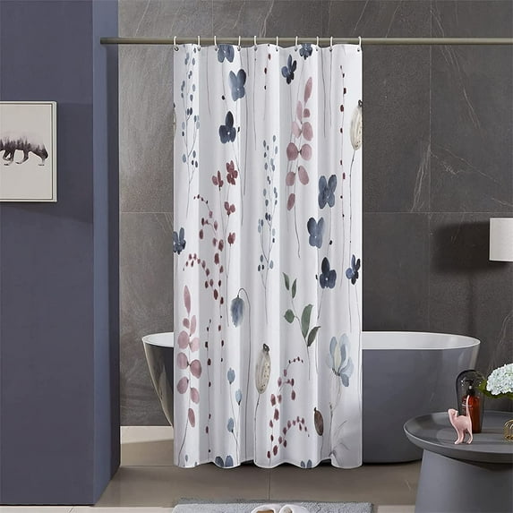 Stall Shower Curtain,36x72 inch RV Bathroom Shower Curtains Set with Hooks,Watercolor Ink Navy Blue Floral Bath Curtain,Waterproof Fabric