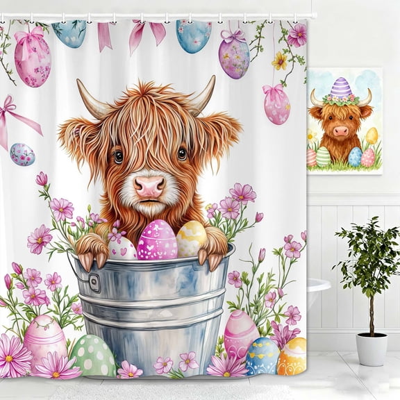 Stall Shower Curtain, Easter Cute Cow Small Shower Curtain Set Waterproof Fabric Half Narrow Spring Plant Bathroom Decor with Hooks, 36x72 Inch