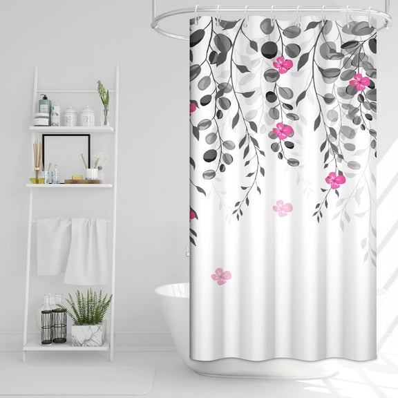 Stall Shower Curtain, Gray Eucalyptus Shower Curtain for Bathroom Waterproof Red Flower Shower Curtain Set with Hooks, 36x72 Inch