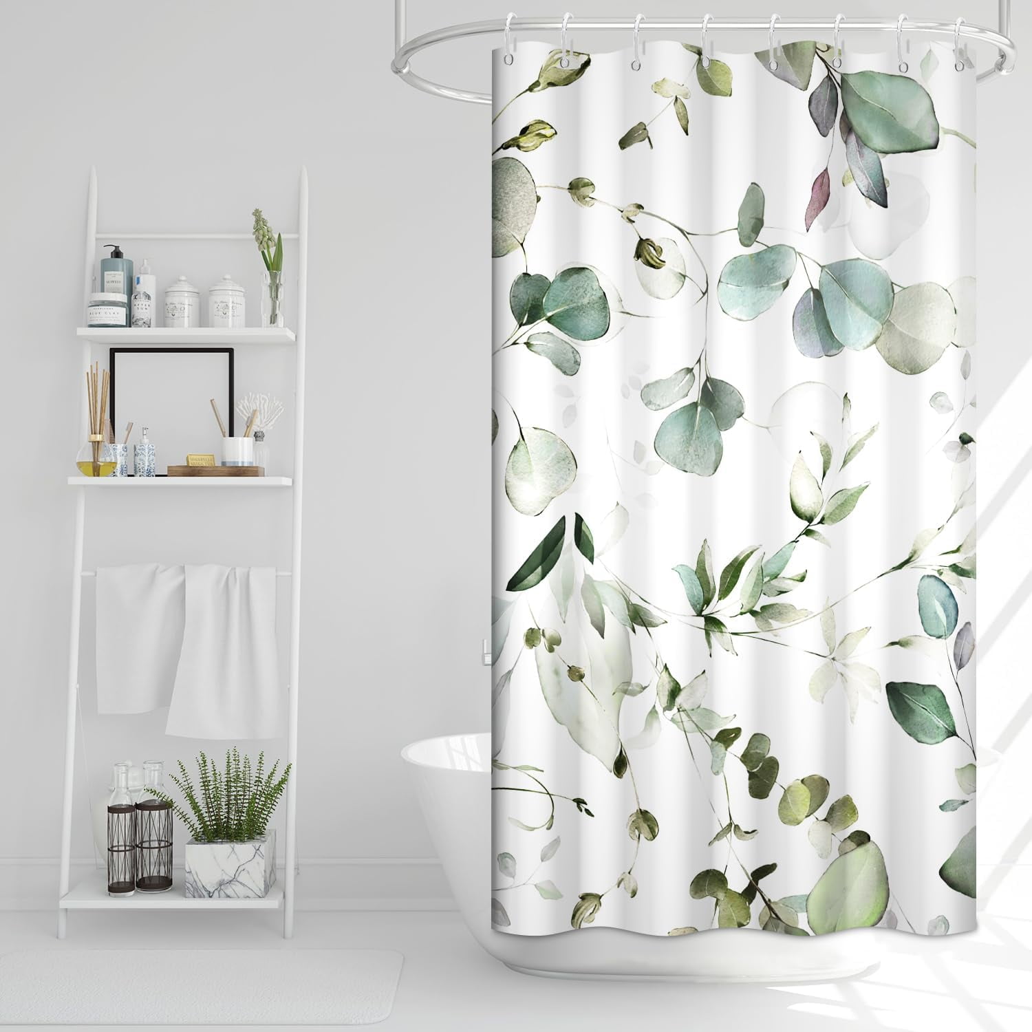 Stall Shower Curtain, Green Eucalyptus Small Shower Curtain Set for