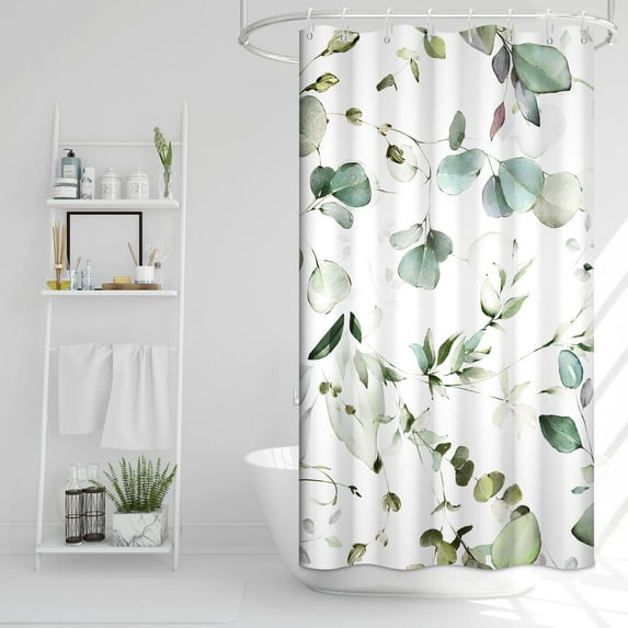 Stall Shower Curtain, Green Eucalyptus Small Shower Curtain Set for Bathroom Waterproof Fabric Botanical RV Shower Curtain with Hooks, 36x72 Inch