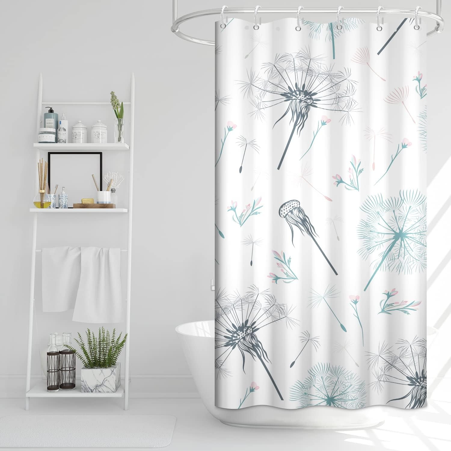 Stall Shower Curtain, Green and Grey Dandelion Shower Curtain for Bathroom Waterproof Fabric Spring RV Shower Curtain Set with Hooks, 36x72 Inch