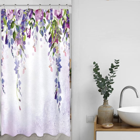Stall Shower Curtain Half 36Wx72L Inch Small Mauve Floral Wisteria Flower Purple Vine Weeping Blossom Spring Botanical Green Leaves Living Room Home Decor Polyester Fabric Bathroom Bathtub