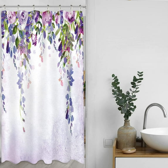 Stall Shower Curtain Half 36Wx72L Inch Small Mauve Floral Wisteria Flower Purple Vine Weeping Blossom Spring Botanical Green Leaves Living Room Home Decor Polyester Fabric Bathroom Bathtub