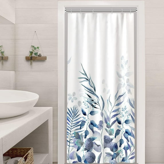 Stall Shower Curtain Plants for Bathroom,Waterproof Quick-Drying Blue Leaves Stall Size Shower Curtain Set with Hooks 36x72 Inch